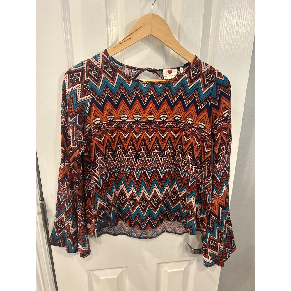 One Clothing Bell Sleeve Top Multi-Color Zigzag Geometric Boho Keyhole Blouse
